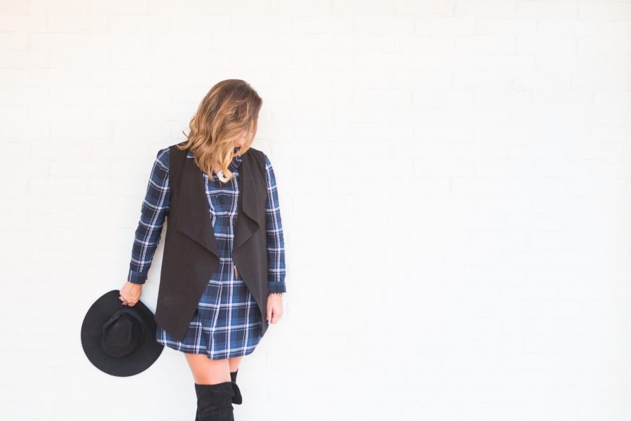 plaid-dress-over-the-knee-boots-outfit-ideas