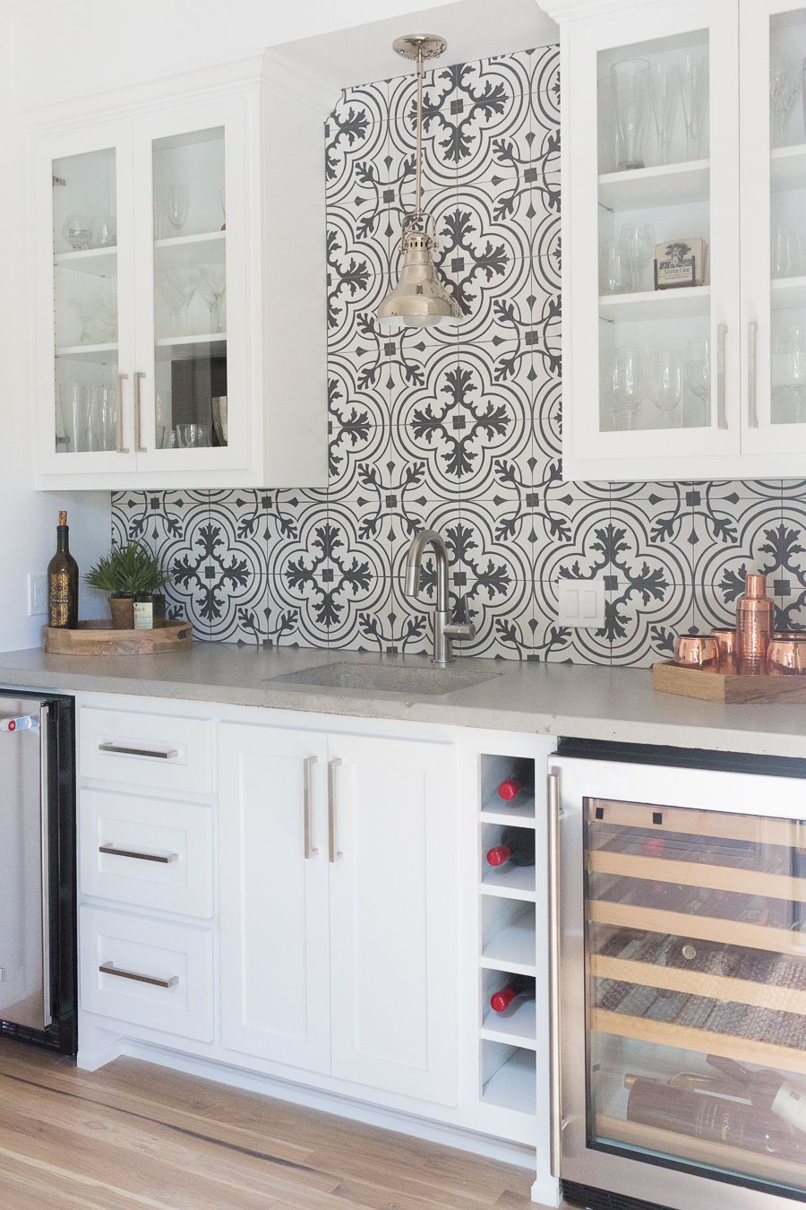 affordable ceramic patterned tile backsplash and flooring