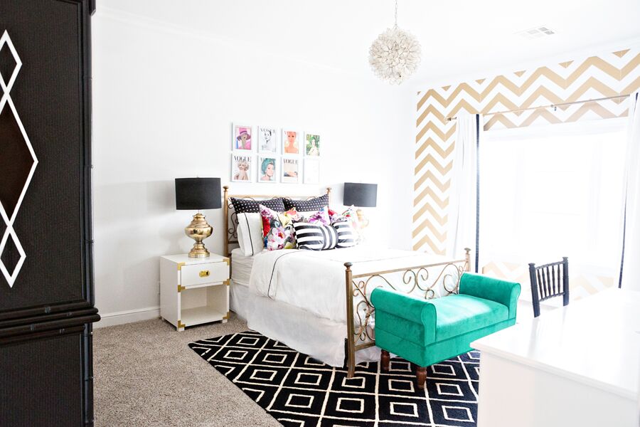 10 Beautiful Ideas for How to Use Wallpaper for Modern Home Design chevron wallpaper removable wallpaper modern glam girls bedroom campaign dresesr nighstand gold bed frame frame vintage vogue pictures