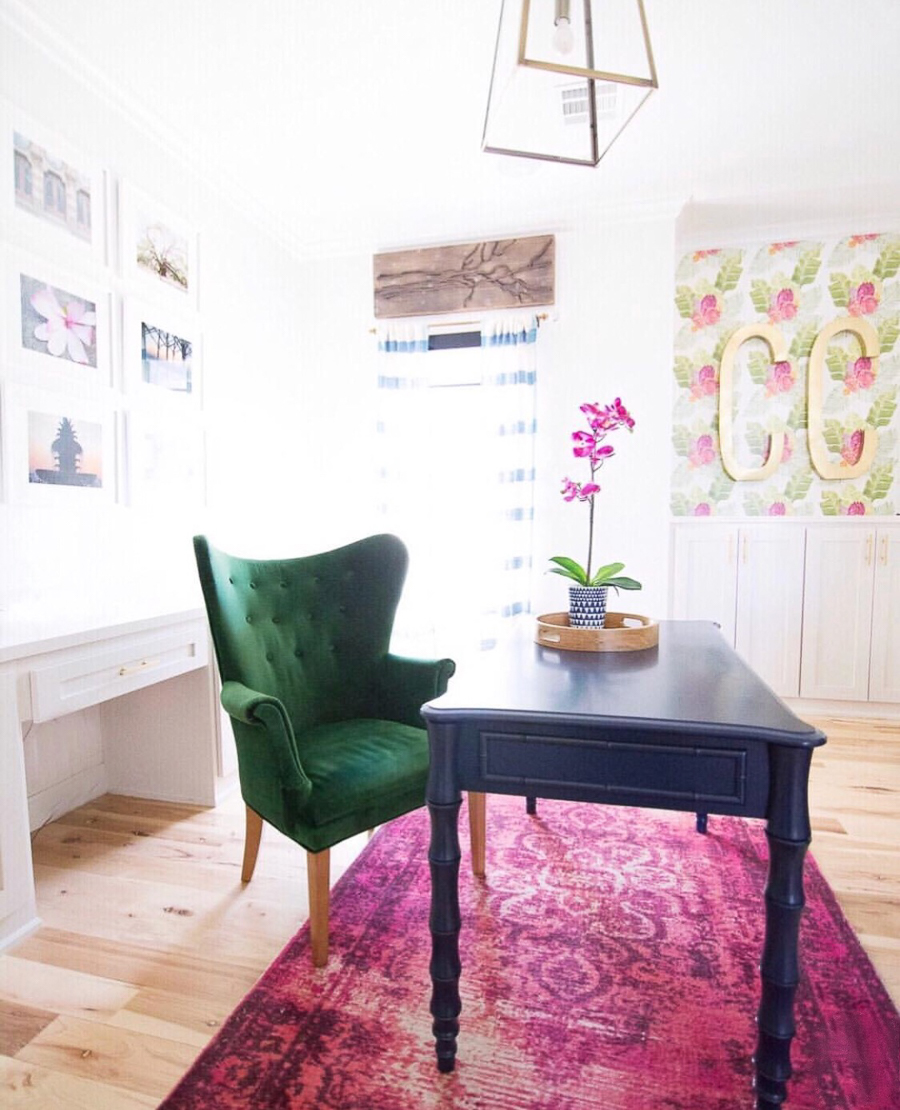 Beautiful Ideas for How to Use Wallpaper in Modern Home Decor west elm over dyed pink rug navy desk green velvet chair-1