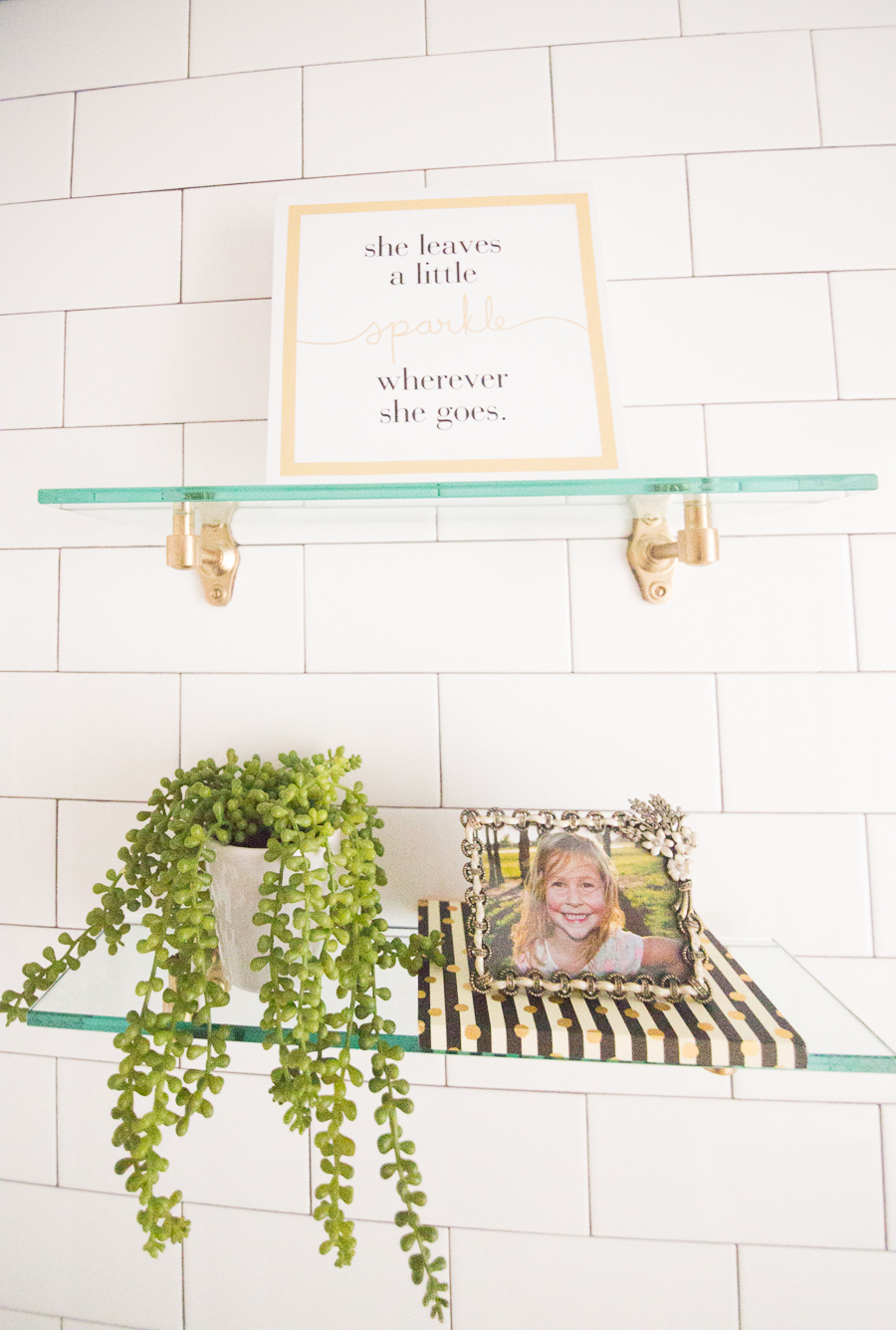 Modern Glam Blush Girls Bathroom Design gold hexagon mirror blush