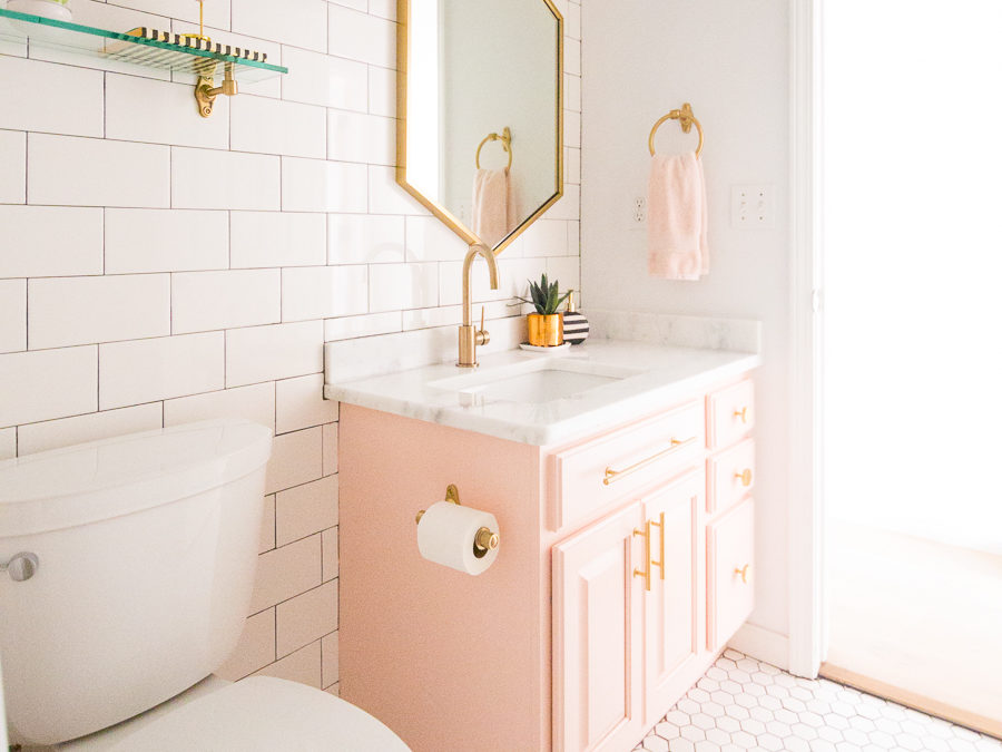 Modern Glam Blush Girls Bathroom Design gold hexagon mirror blush