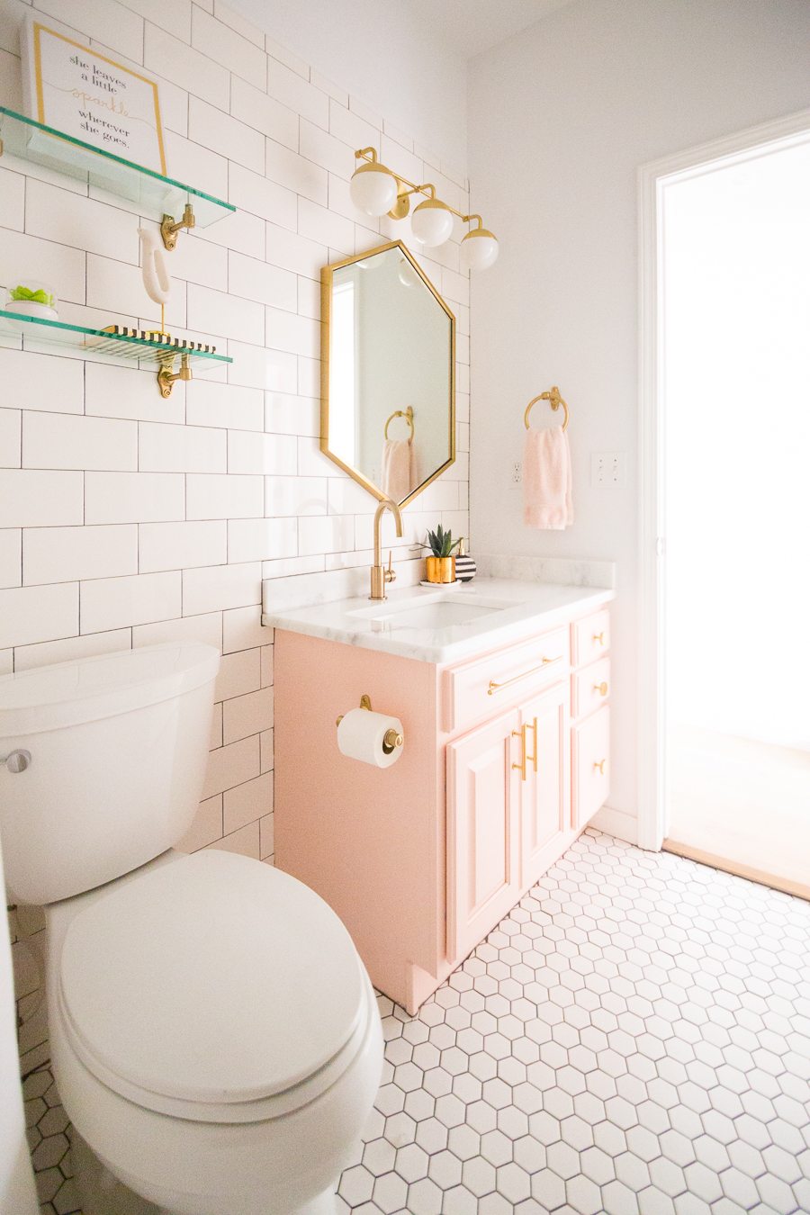 Modern Glam Blush Girls Bathroom Design  gold hexagon 