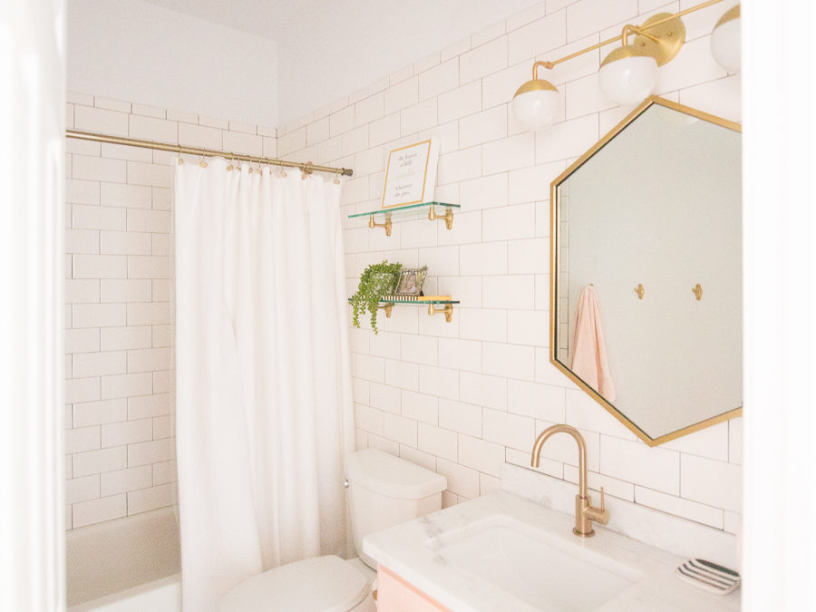 Modern Glam Blush Girls Bathroom Design gold hexagon mirror blush