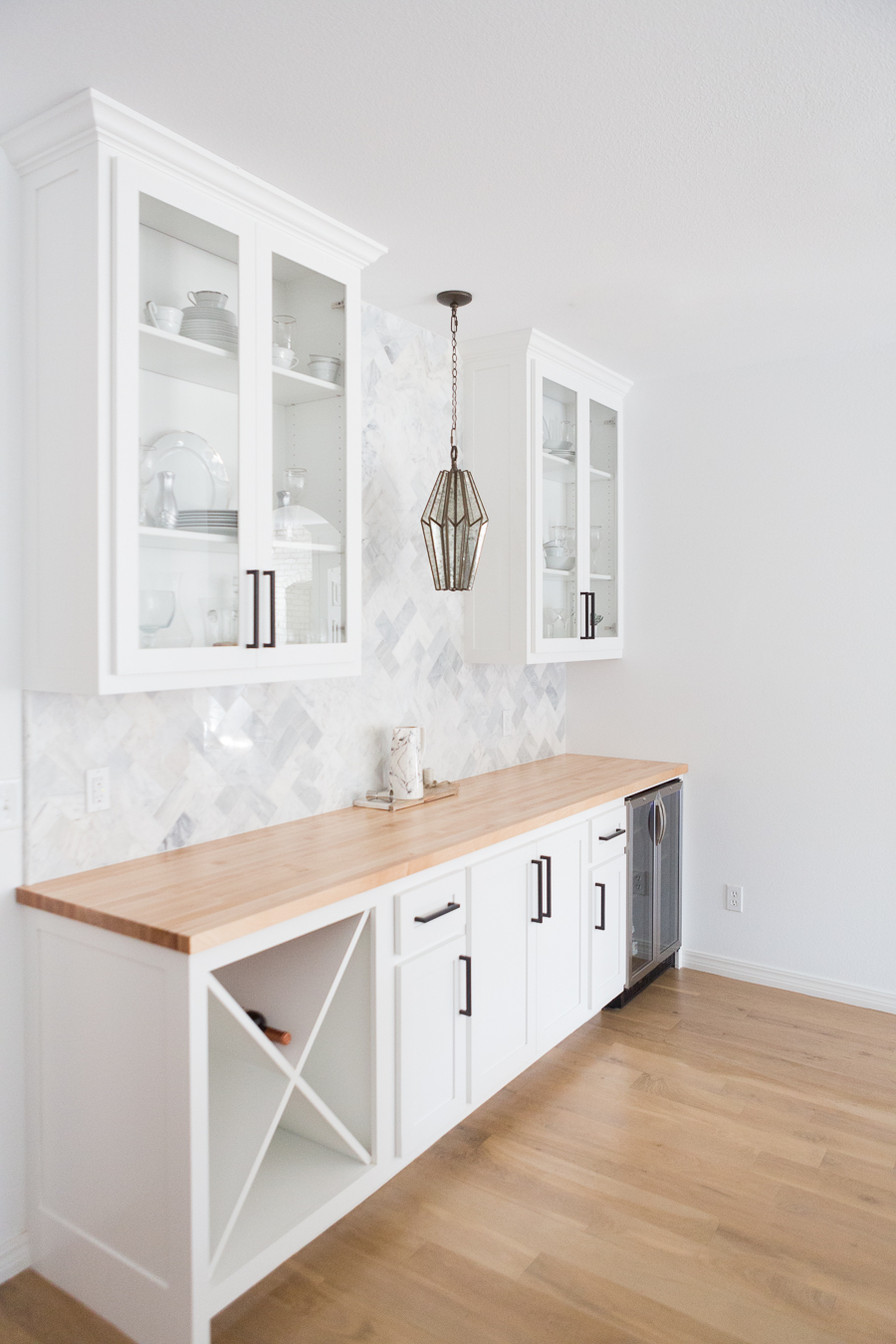 Tulsa Remodel Reveal Modern White Farmhouse Black Windows And Doors Marble Hexagon Tile Backsplash Faceted Pendant Light Butcher Block Countertop Black Hardware 1 2 Cc Mike