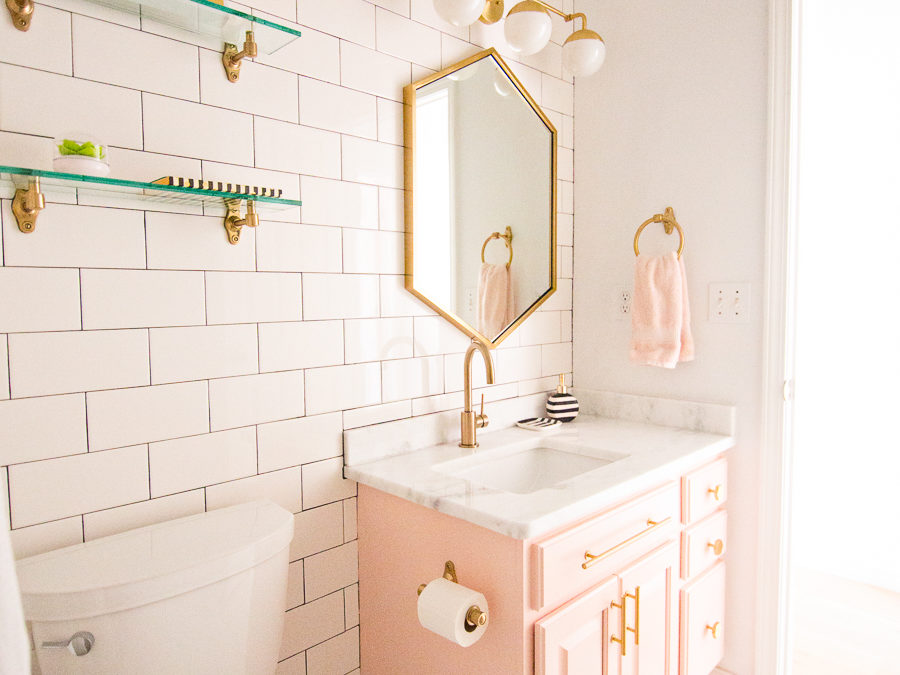 Tulsa Remodel Reveal Modern White Farmhouse modern glam pink girls bathroom gold hexagon mirror