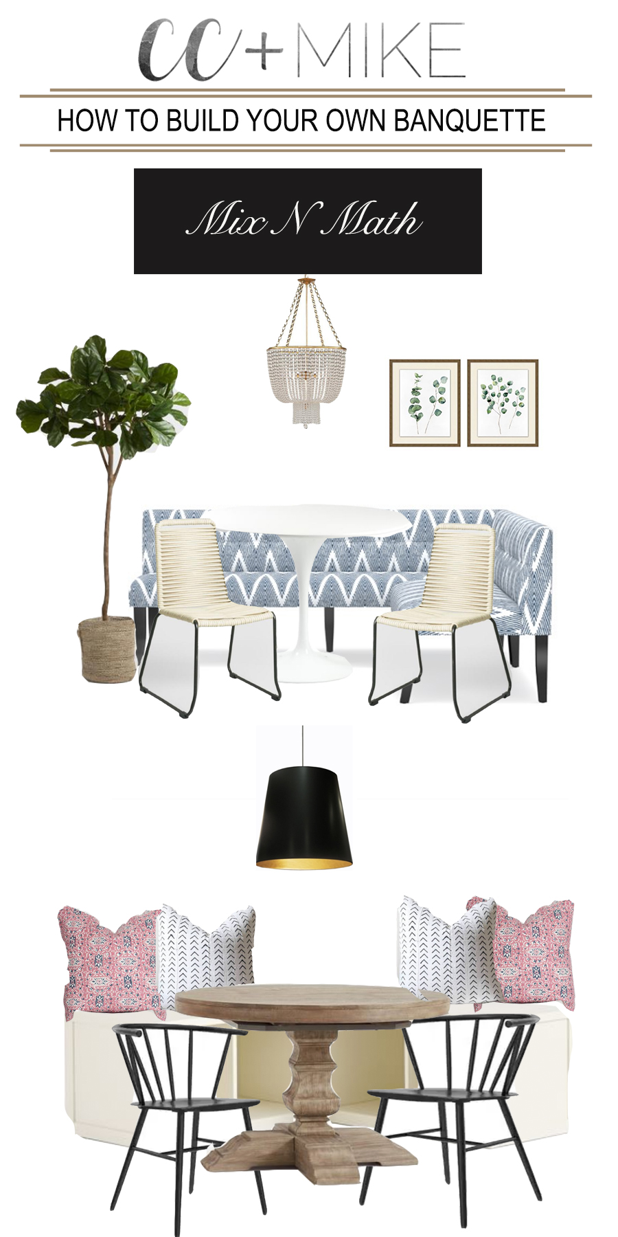 How to Design a Beautiful Kitchen Banquette beaded chandelier woven dining chairs faux fiddle leaf fig tree