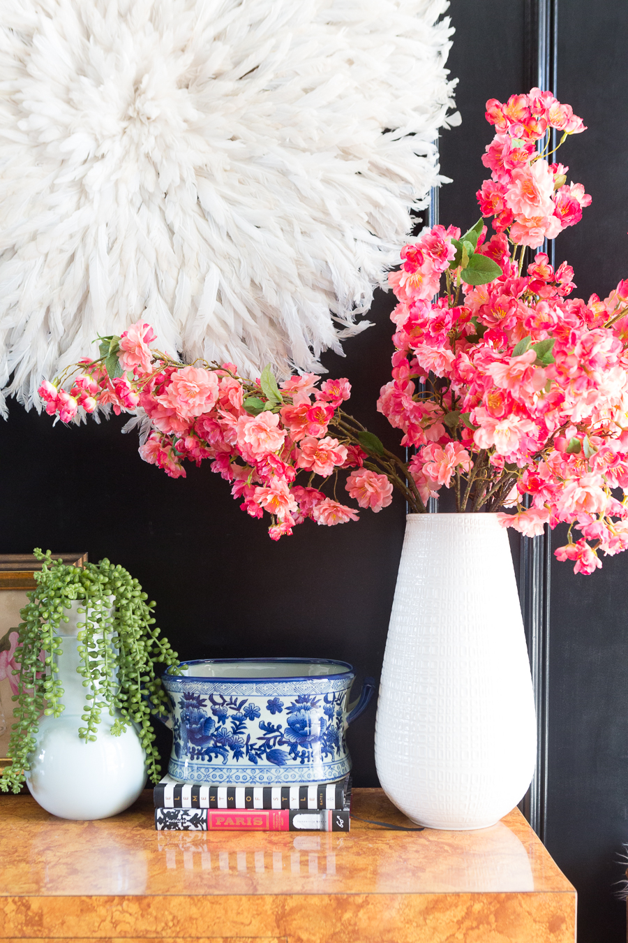 black and white marble floors black high gloss wainscoating entryway burl wood console pink safavieh x bench blue chinoiserie vase