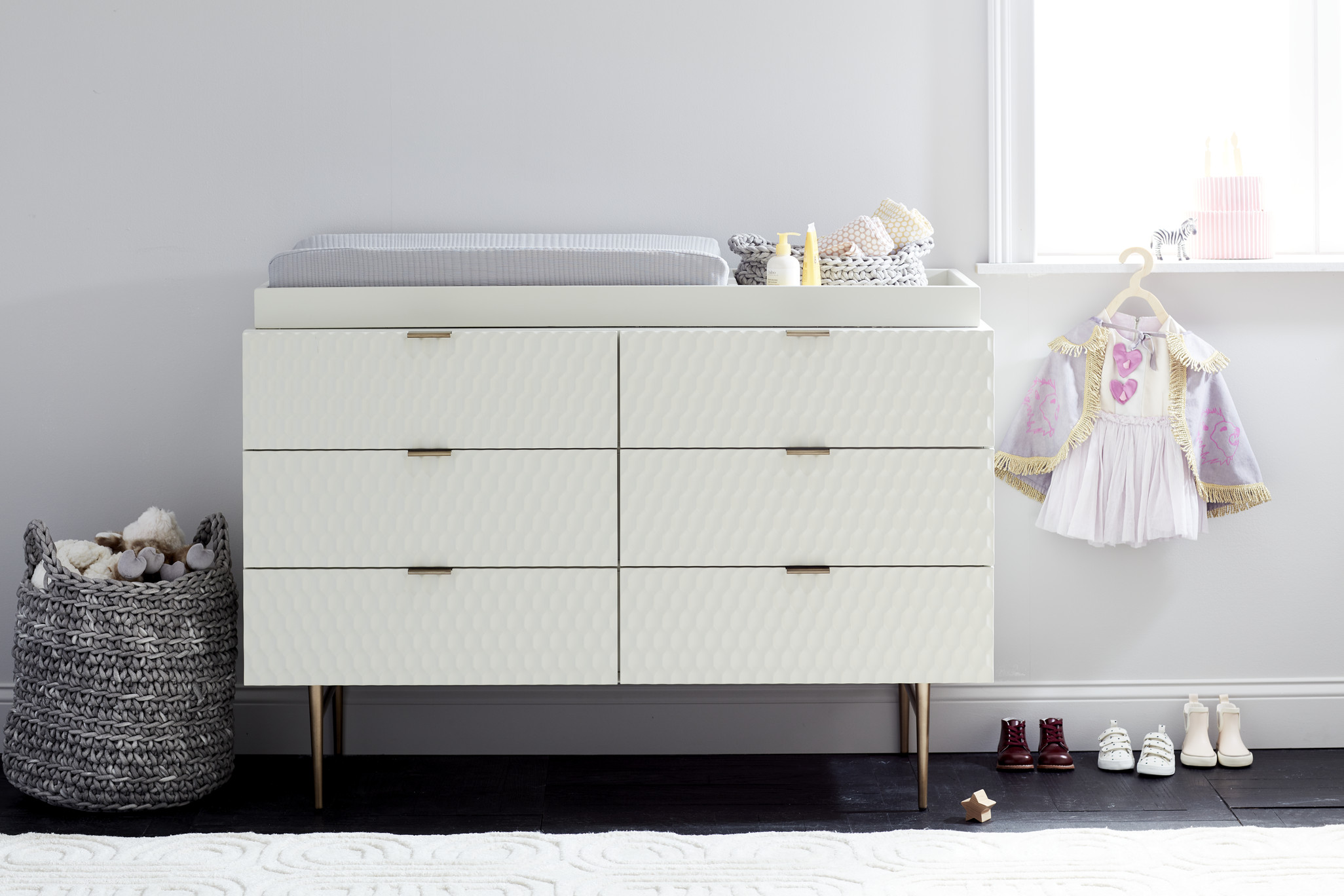 West Elm Modern Baby and Kids Furniture and Home Decor Audrey changing table dresser modern white changing table gold hardware and legs midcentury modern baby furniture