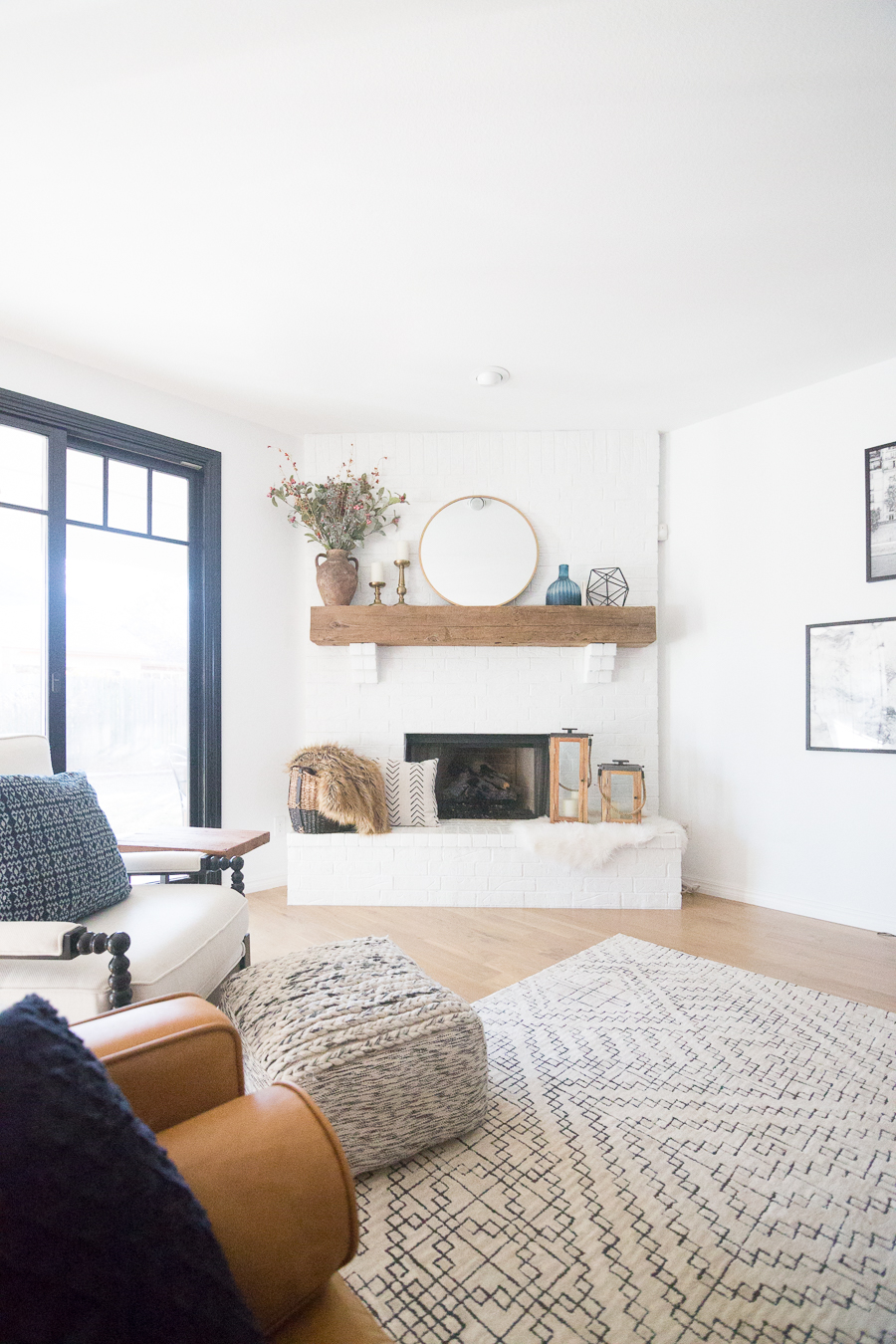 modern living room with brick fireplace