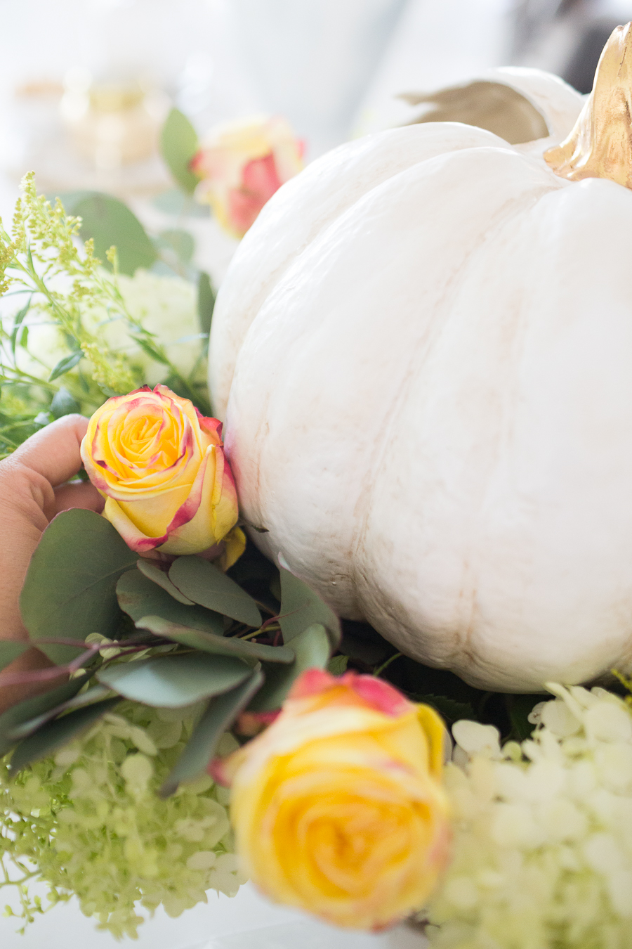 DIY Silver Urn Pumpkin Centerpiece for Fall floral sponges inside of a silver urn for a DIY fall centerpiece