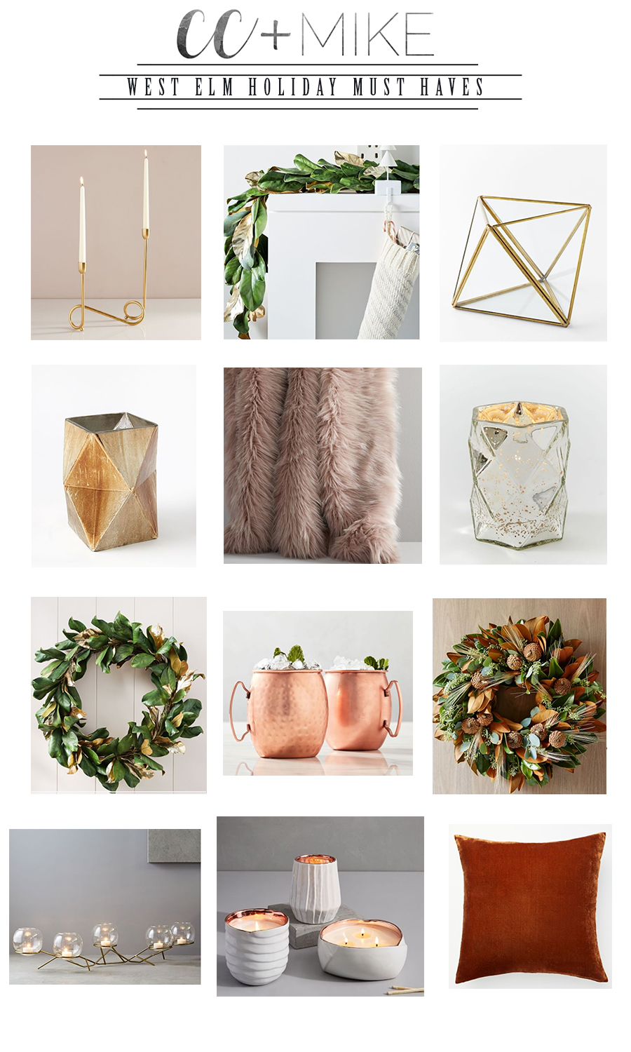 Simple Ways to Decorate for the Holidays from West Elm holiday must haves mercury faceted candles magnolia garland magnolia wreath brass candleholders cooper votive candles