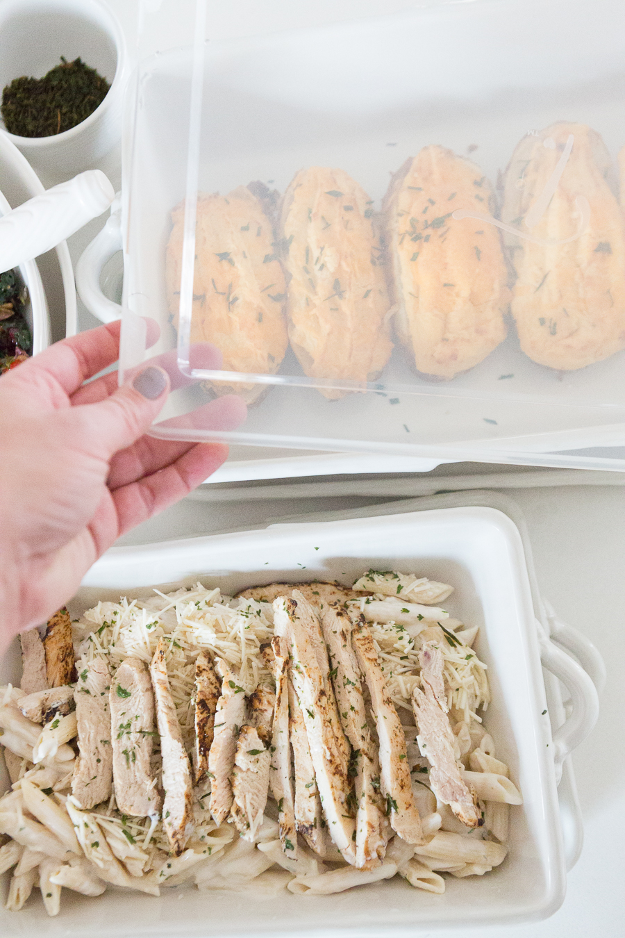 The Woodland Collection by Tara at Home at QVC baking dishes with easy to store clear lids featuring baked potatoes and chicken strips