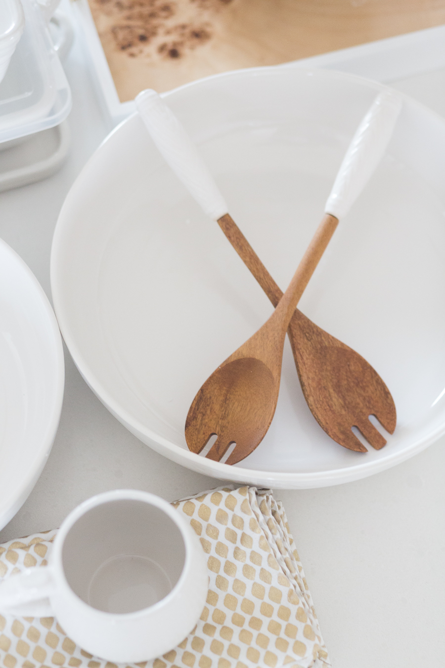 The Woodland Collection by Tara at Home at QVC white salad bowl with natural wooden salad spoons and a coffee mug