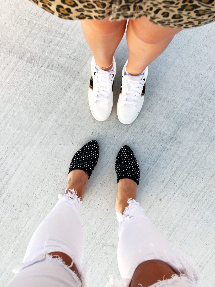 Back-To-School-with-Walmart-Part-Two-mother-and-daughter-in-leopard-shirt-and-skirt-with-jean-jackets-from-Walmart-in-front-of-a-white-brick-wal