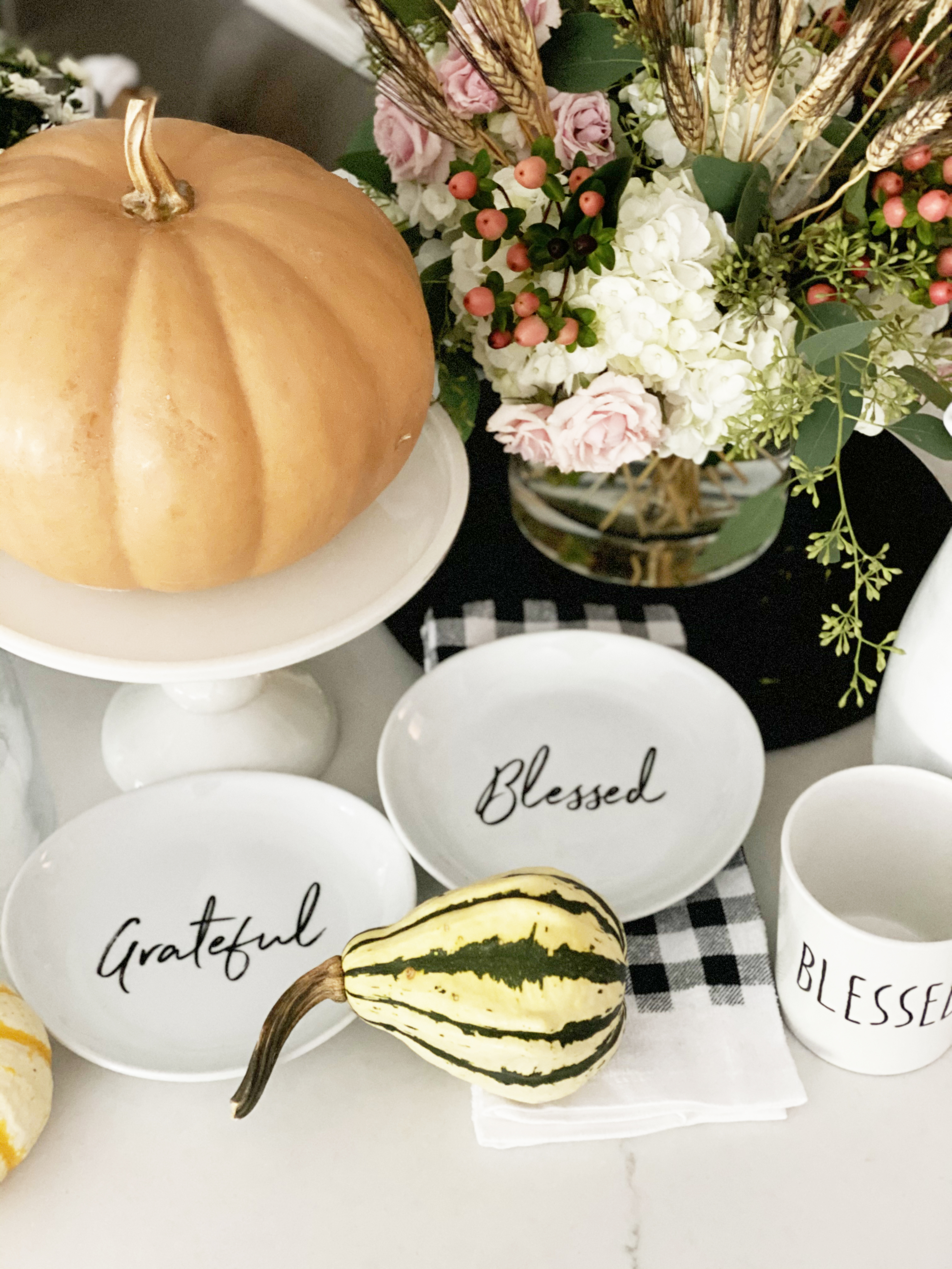 Affordable Fall Front Porch and Tabletop Decor Ideas tabletop fall styling blessed and grateful black and white plates