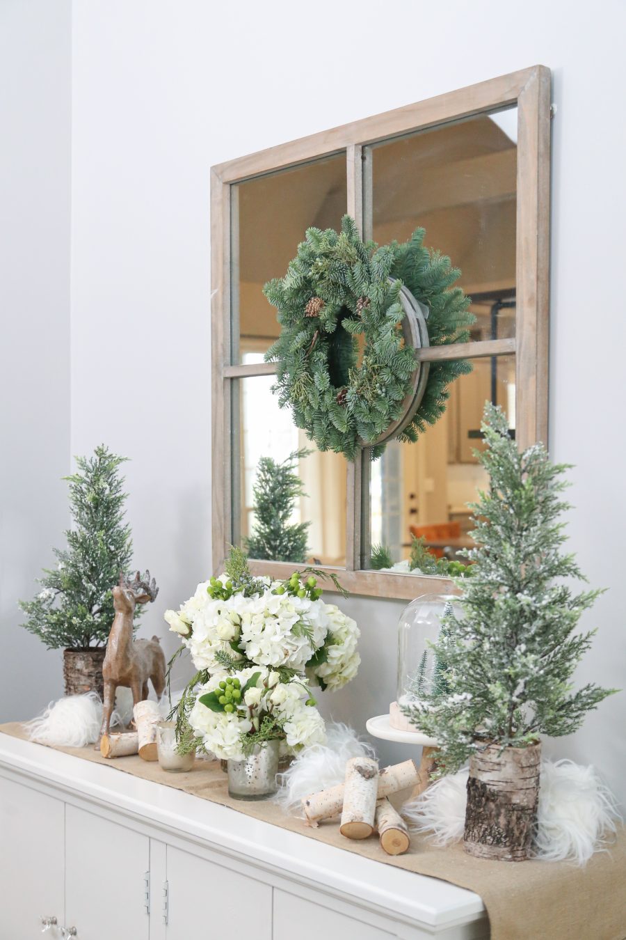 Black Friday and Cyber Monday Sales from Wayfair Mirror with Christmas wreath over tabletop christmas decor