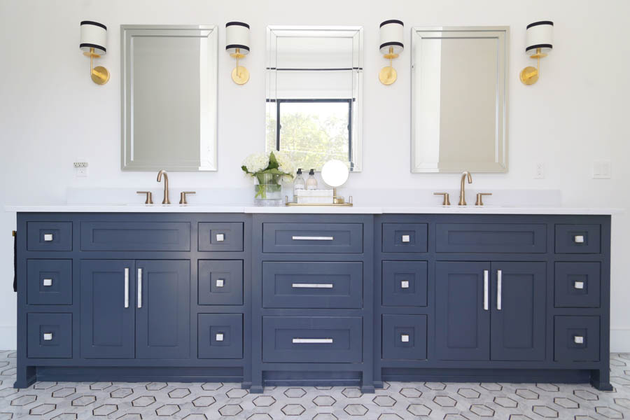 CC and Mike Frisco I Project Reveal-5 black marble hexagon floors with gray cabinets and marble and gold hardware