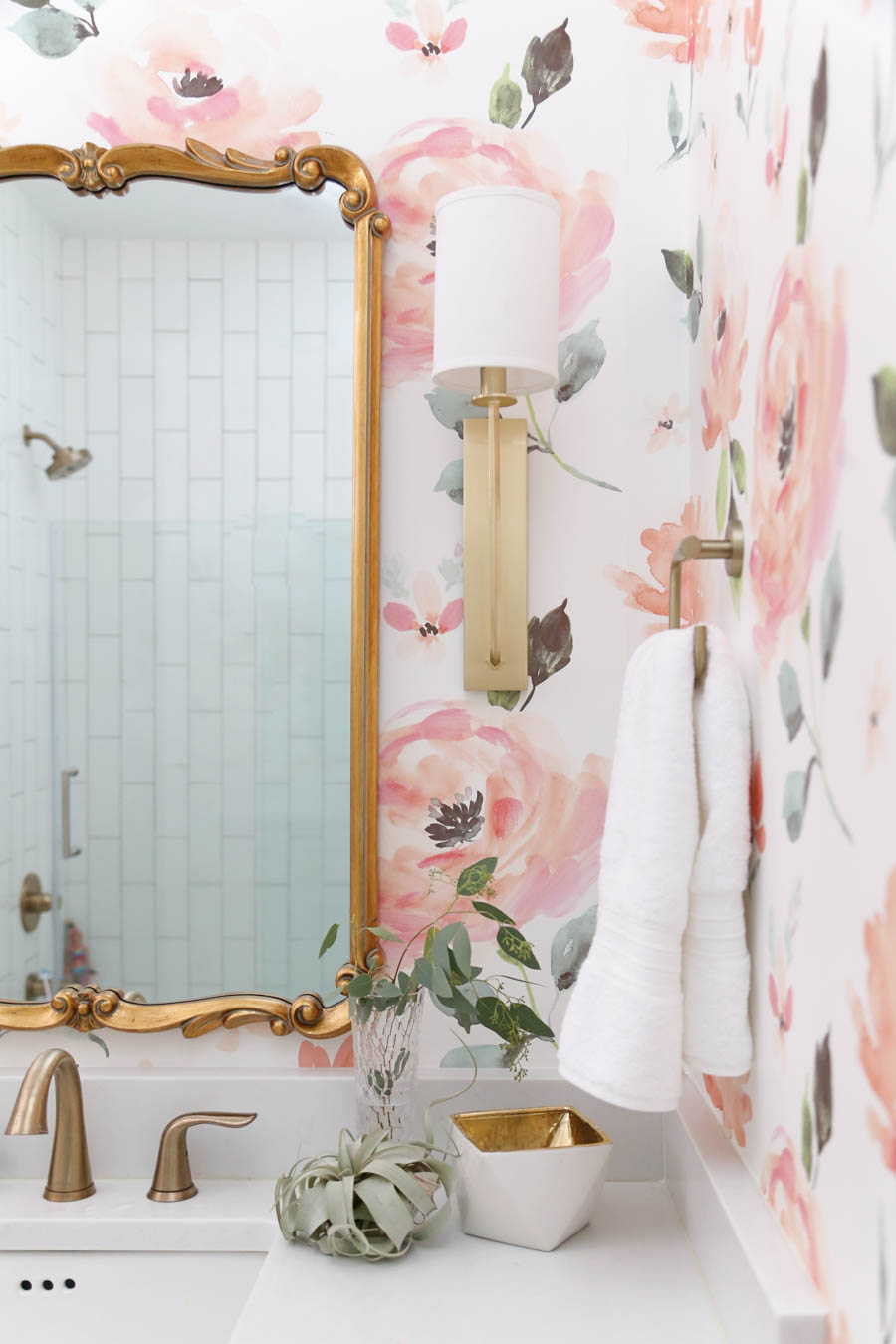 CC and Mike Frisco I Project Reveal modern girls bathroom design with  floral Anthropologie wallpaper white