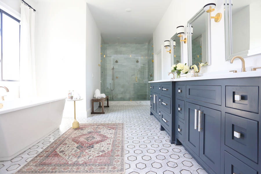 CC and Mike Frisco I Project Reveal-5 black marble hexagon floors with gray cabinets and marble and gold hardware