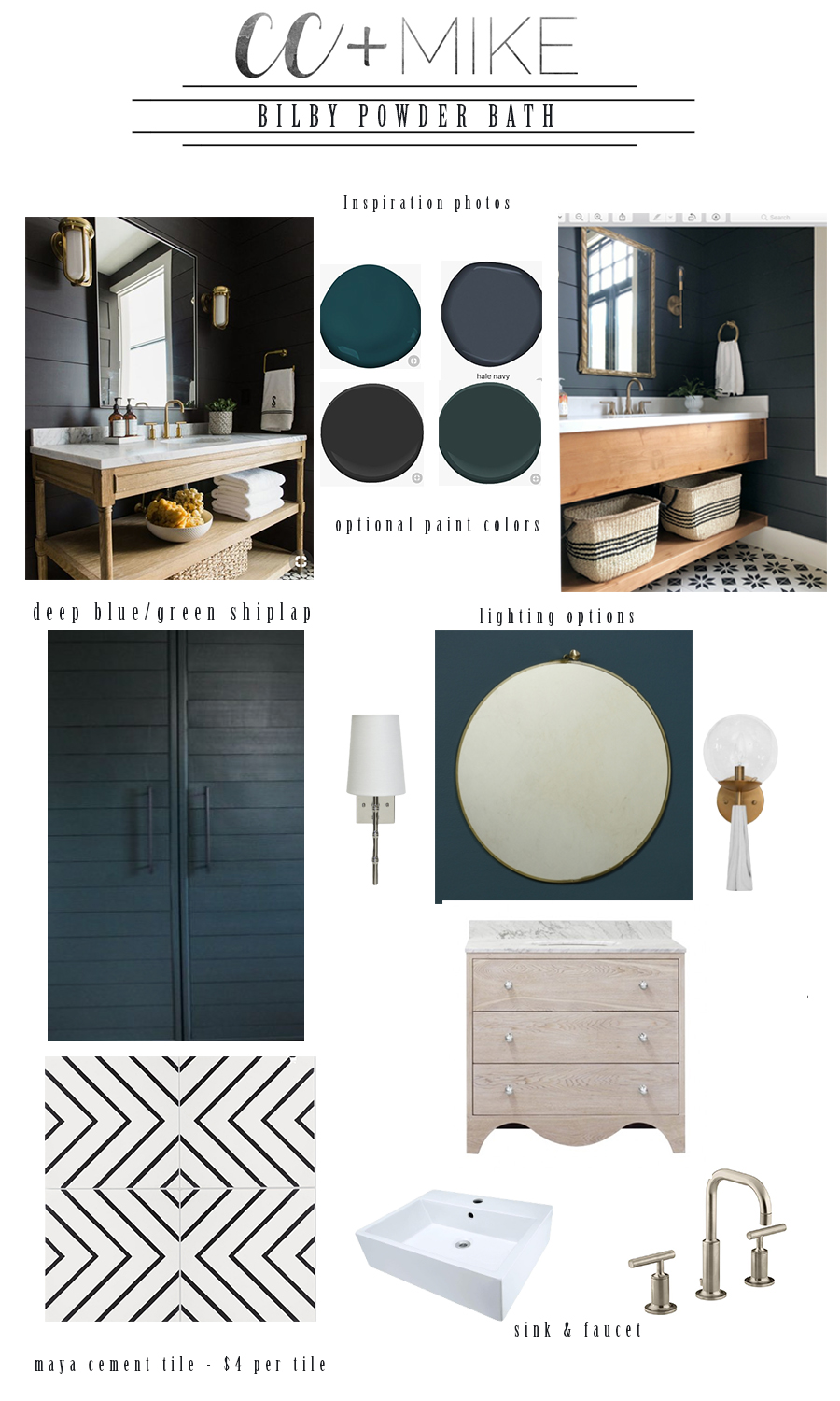 CC and Mike Frisco I Project Reveal powder bath with navy shiplap walls natural wood vanity black hardware gold and white sconces silver mirror black and white ceramic patterned floors and a queen sera sera framed art