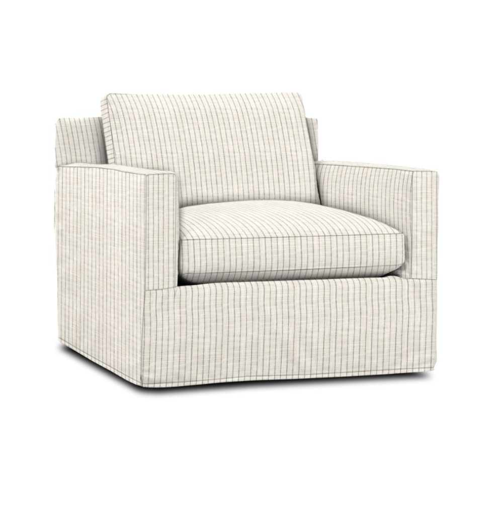 CC and Mike Frisco I Project Reveal custom designer ordered stripe swivel arm chair most comfortable arm chair