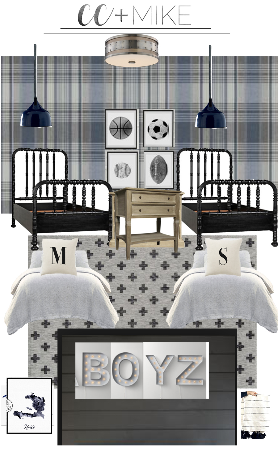 5 Tips for Boys Bedroom Design black Jenny Lind bed reclaimed wood bed best boy bedroom design plaid wallpaper black Jenny Lind bed Swiss army check rug