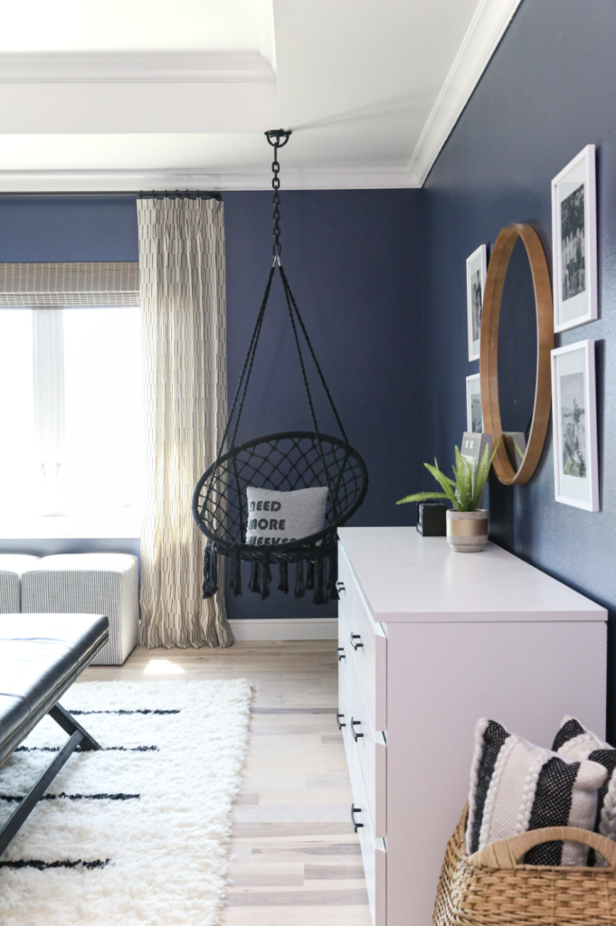 CC and Mike 2020 Project Recap and 2021 PREVIEW navy teen boys bedroom with wood mirror and hanging chair