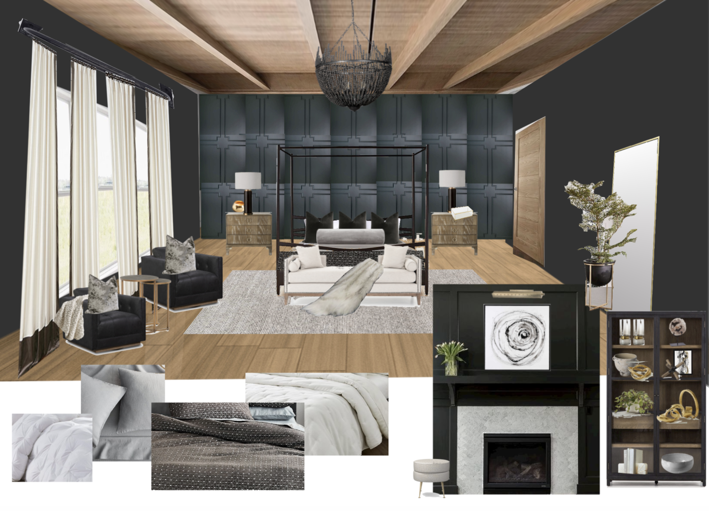CC and Mike 2020 Project Recap and 2021 PREVIEW  black master bedroom with wood ceiling design board